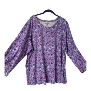 Woman Within Plus 100% Cotton Floral Purple Comfy Long Sleeve Tee Sz 2X